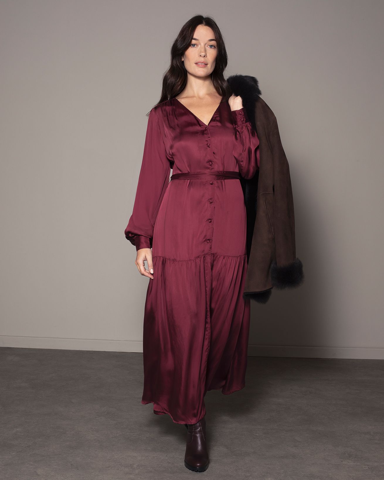 V Neck Tiered Satin Maxi Dress