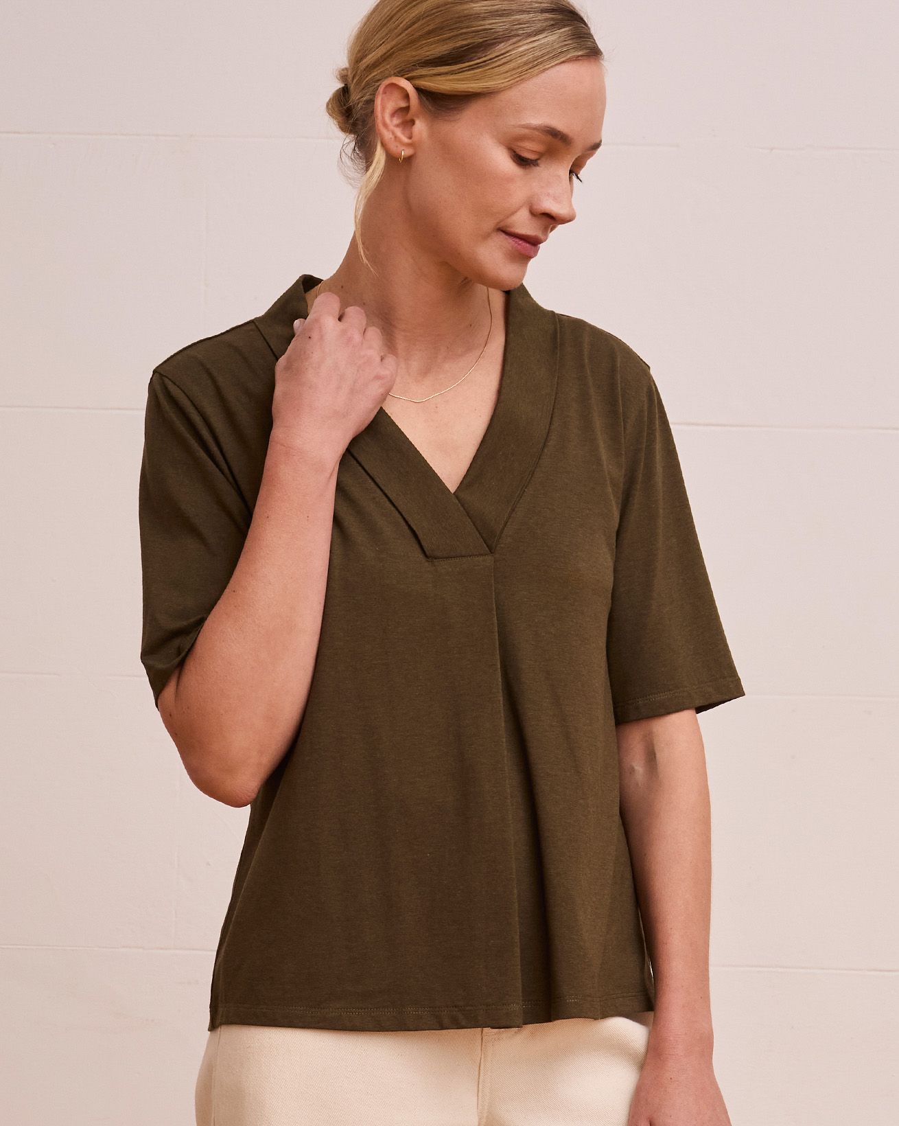 Organic Cotton Blend Shawl Neck Swing T Shirt