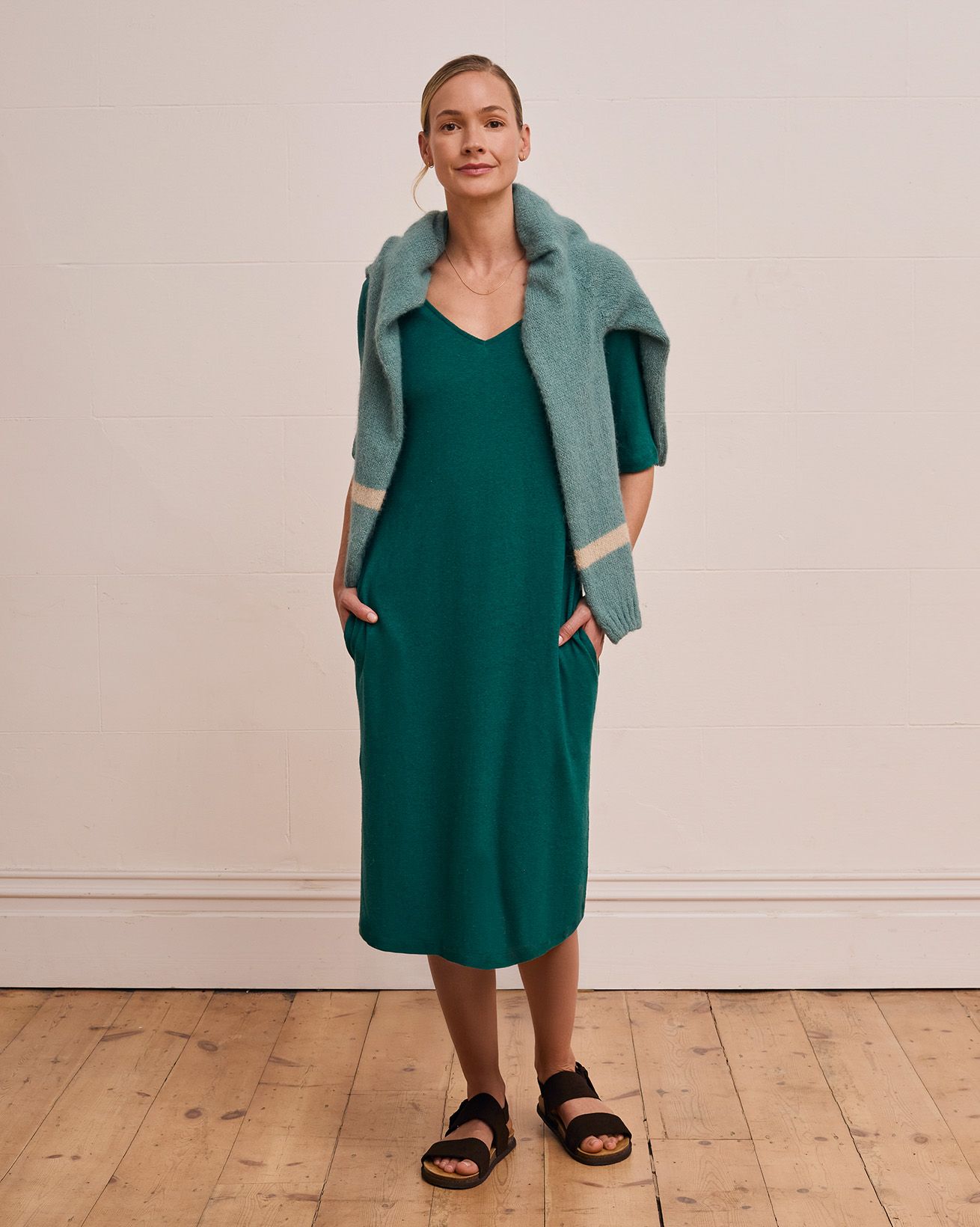 Linen Blend V Neck Midi Dress