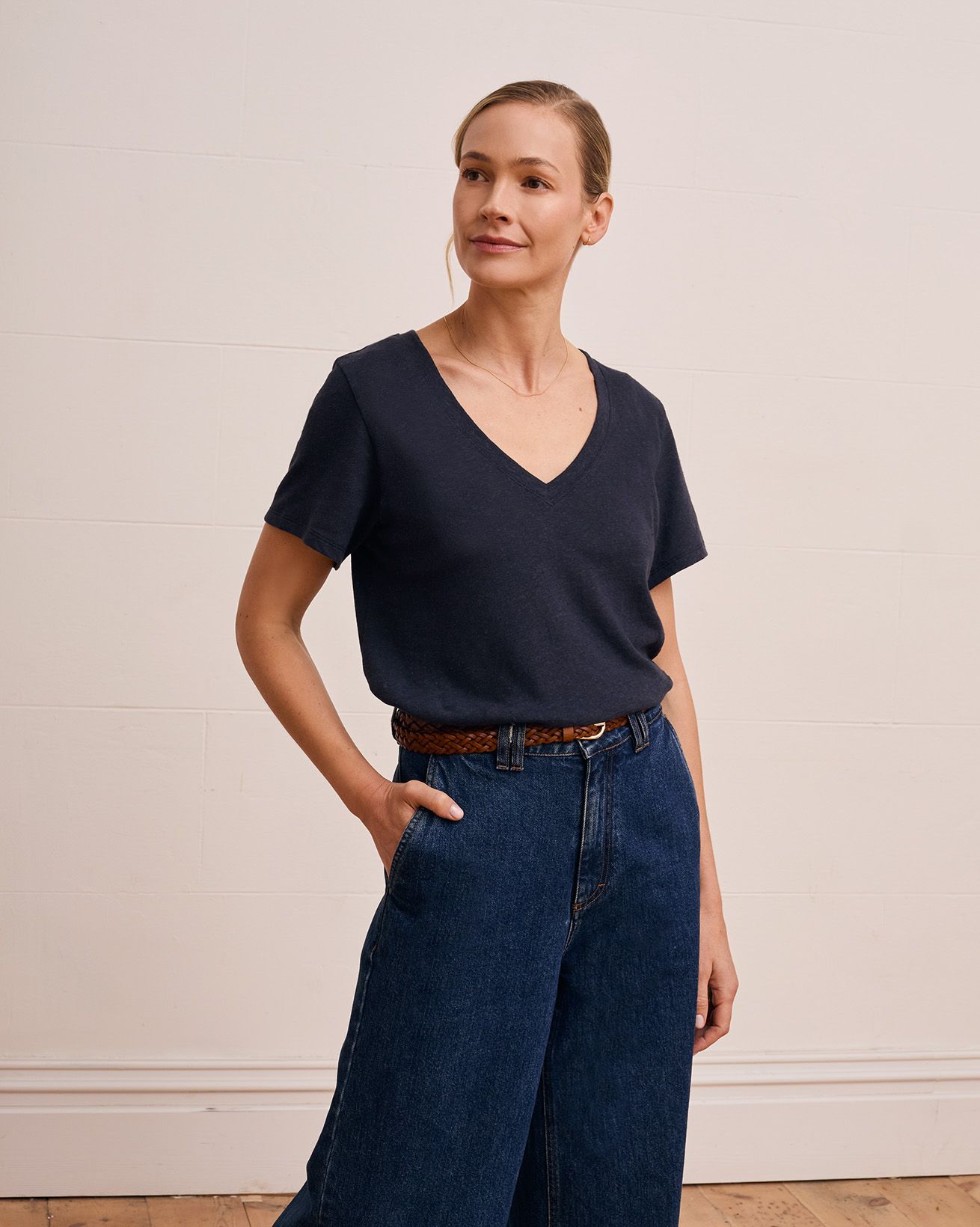 Linen Blend V Neck T Shirt