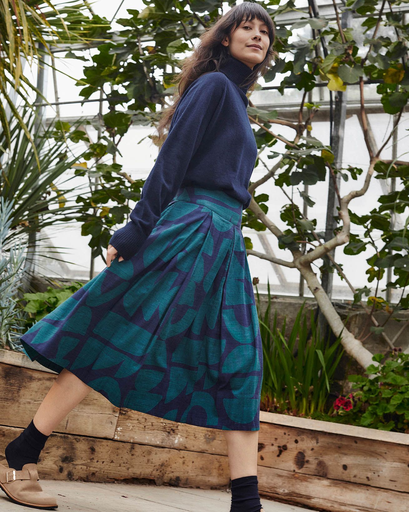 Organic Cotton Box Pleated Midi Skirt