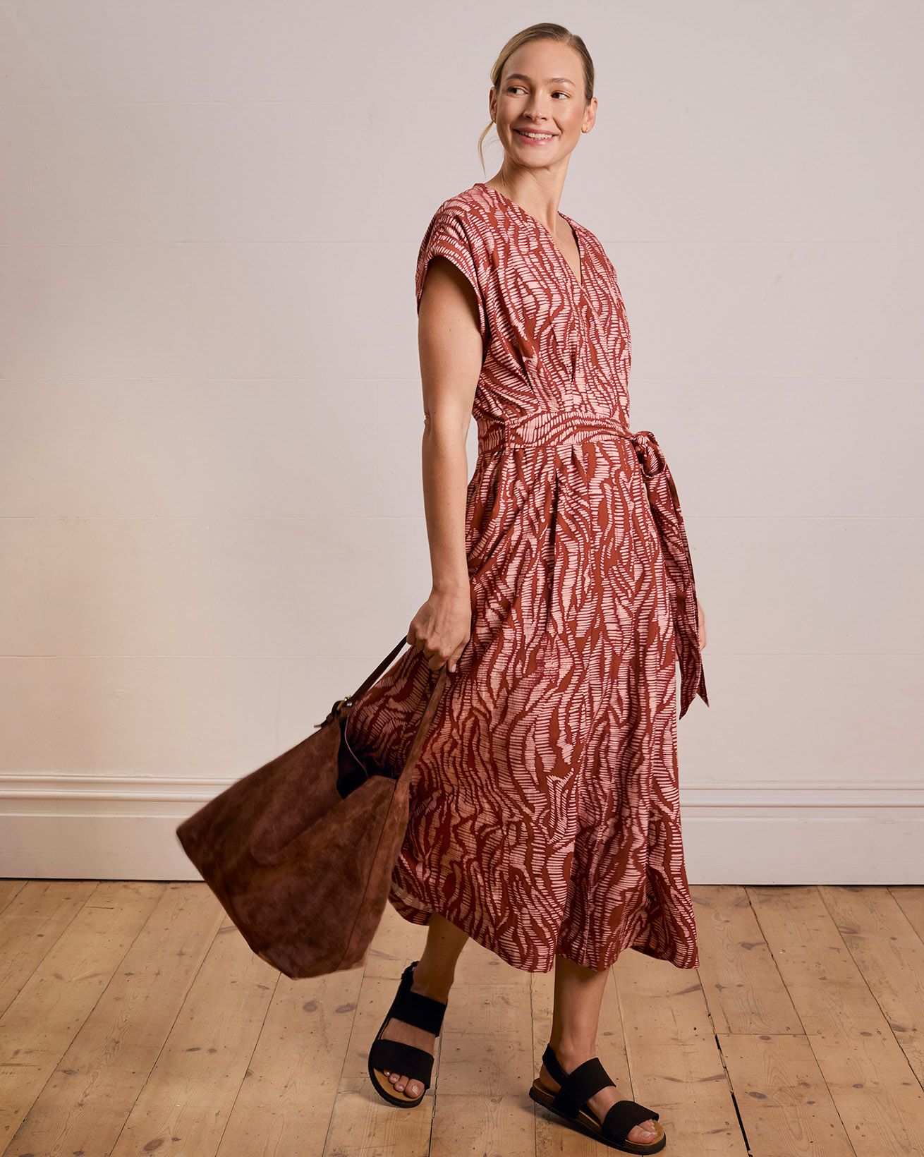 Linen Blend Pleat Waist Midi Dress