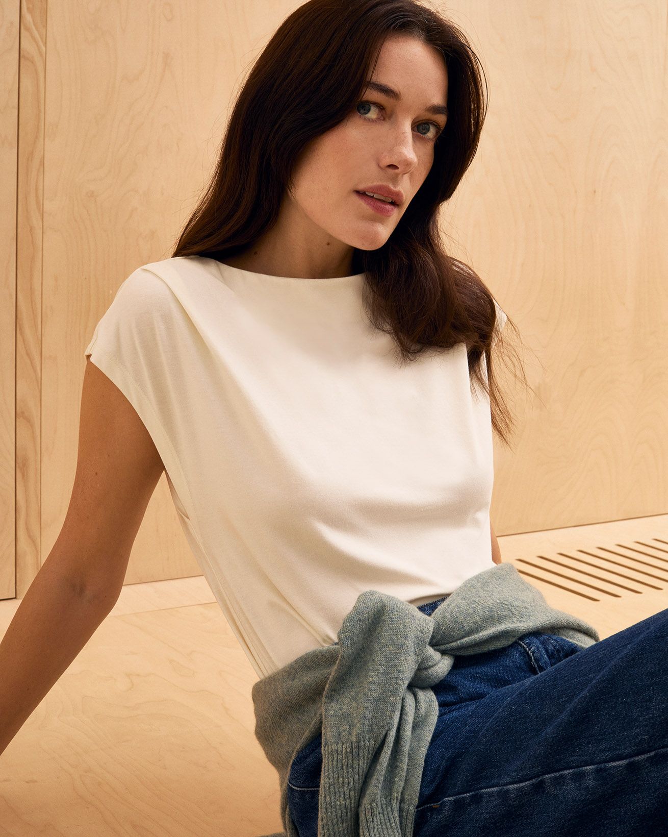 Cotton Blend Slash Neck T-Shirt