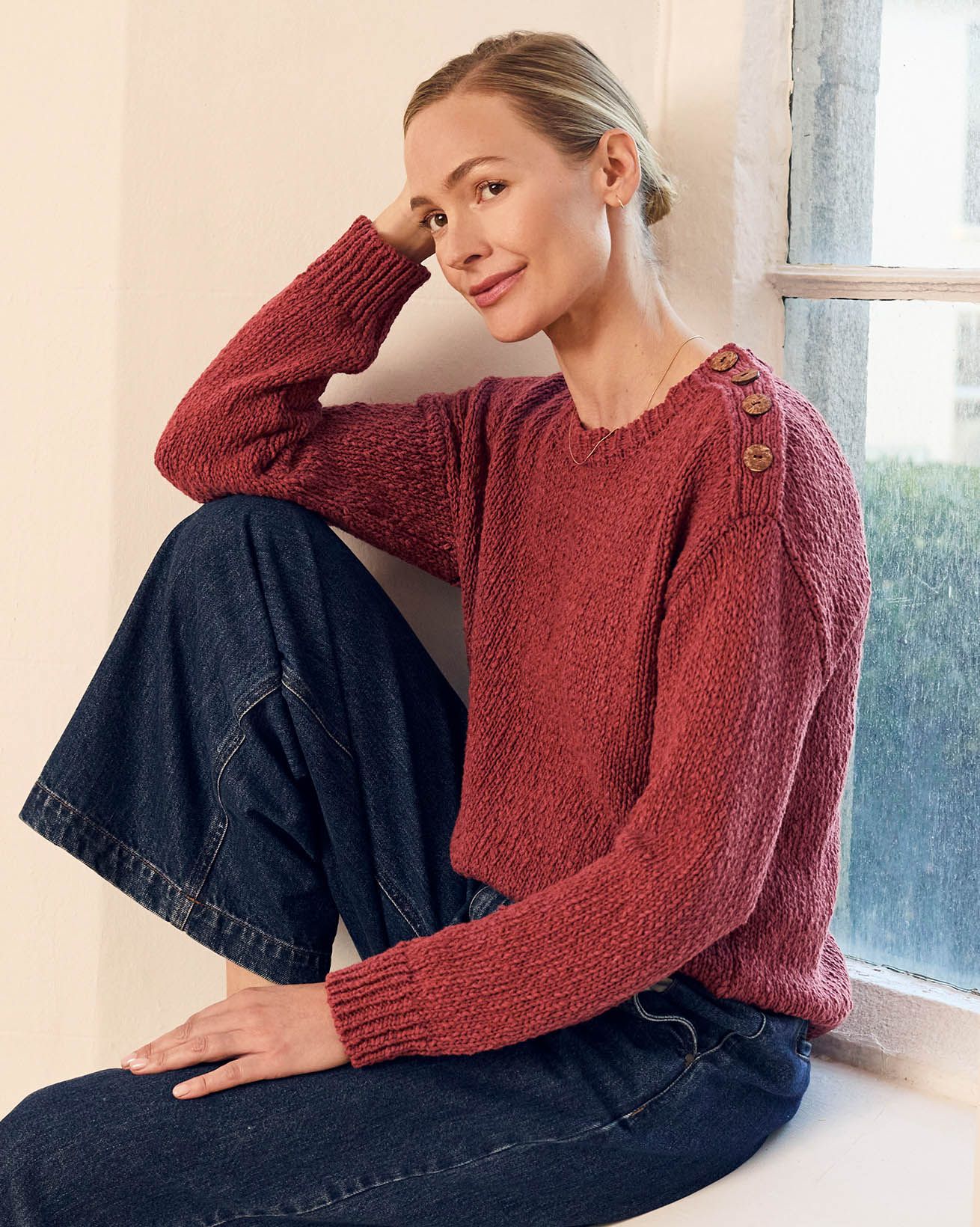 Linen Blend Slub Knit Button Detail Jumper