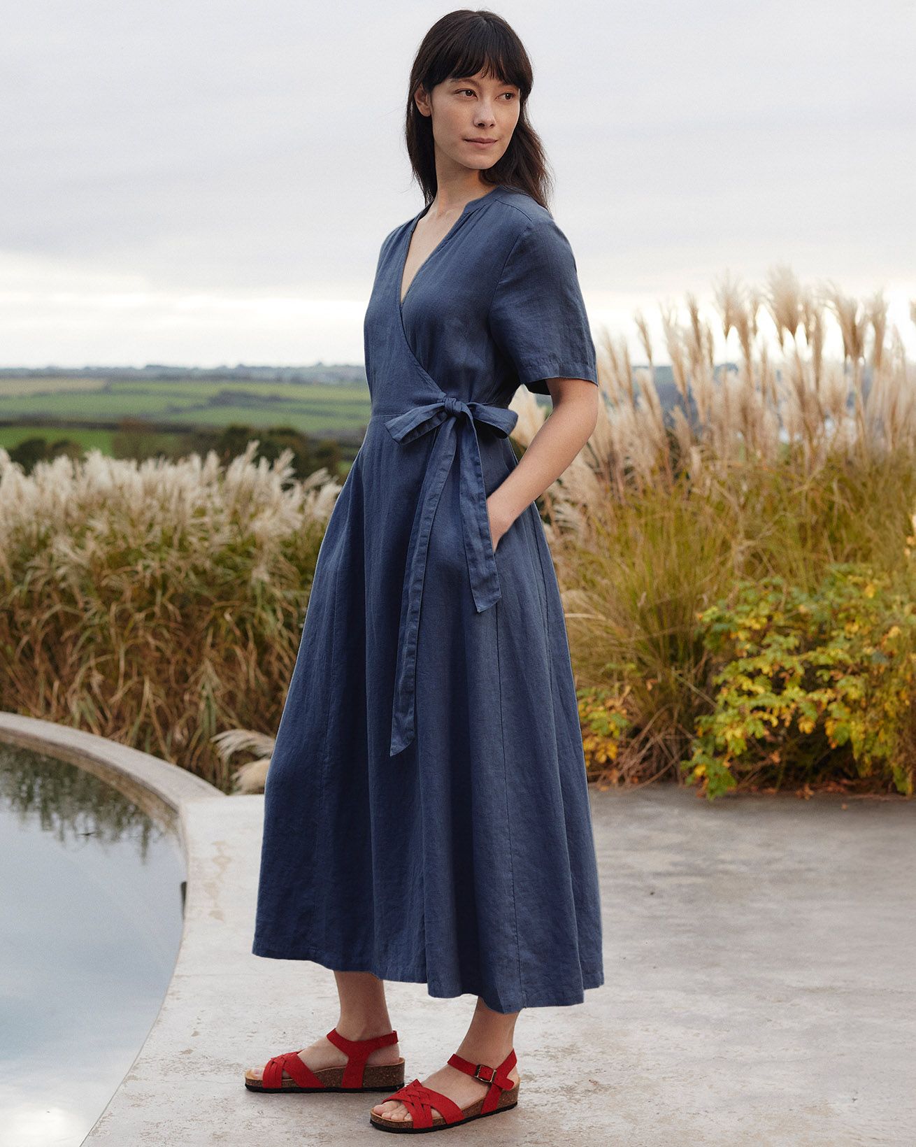 Linen Blend Wrap Midi Dress