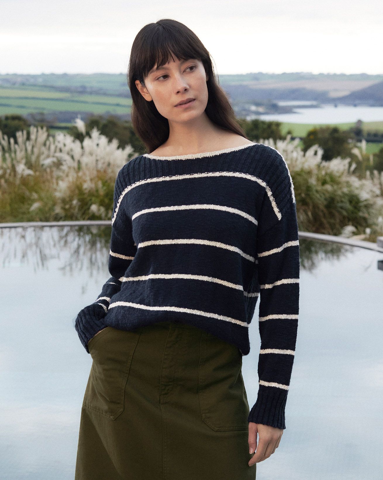Linen Blend Stripe Boat Neck Jumper