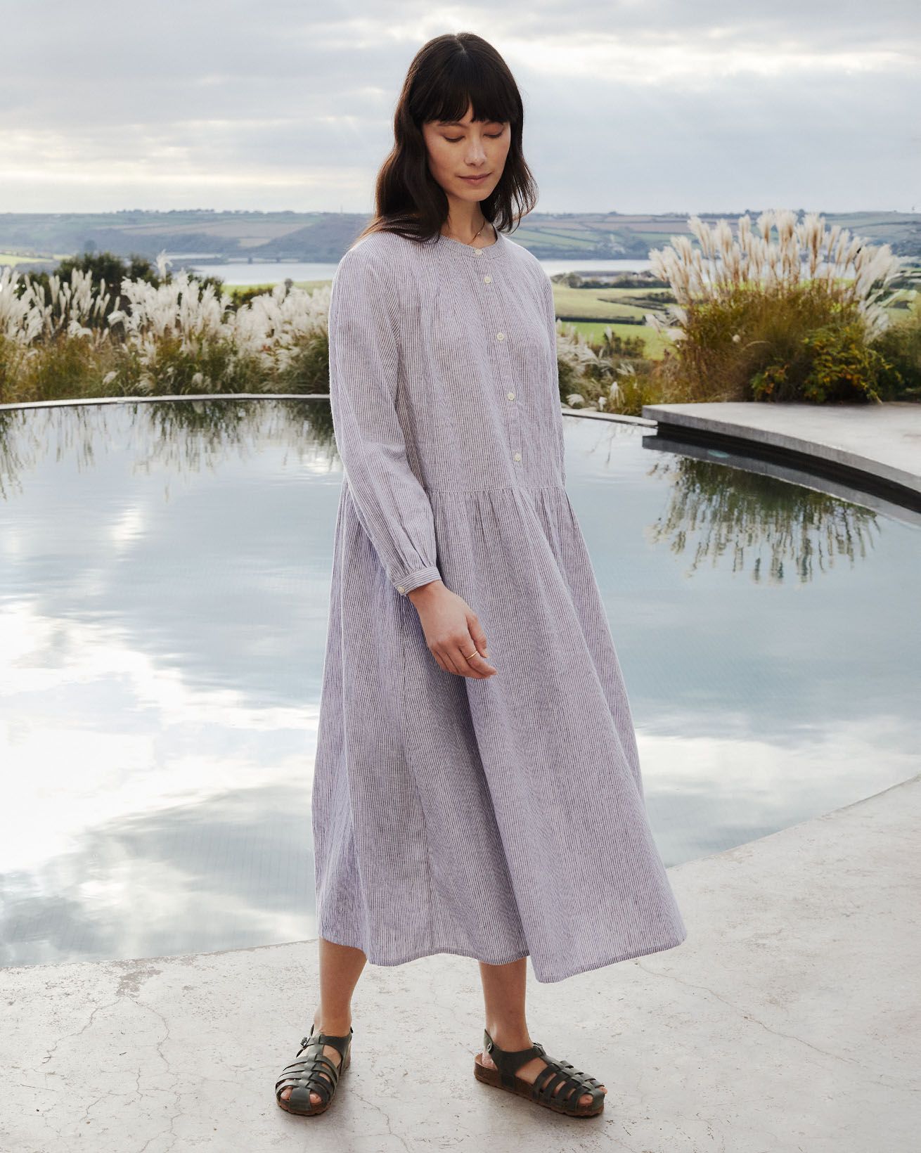 Collarless Half Placket Midi Dress