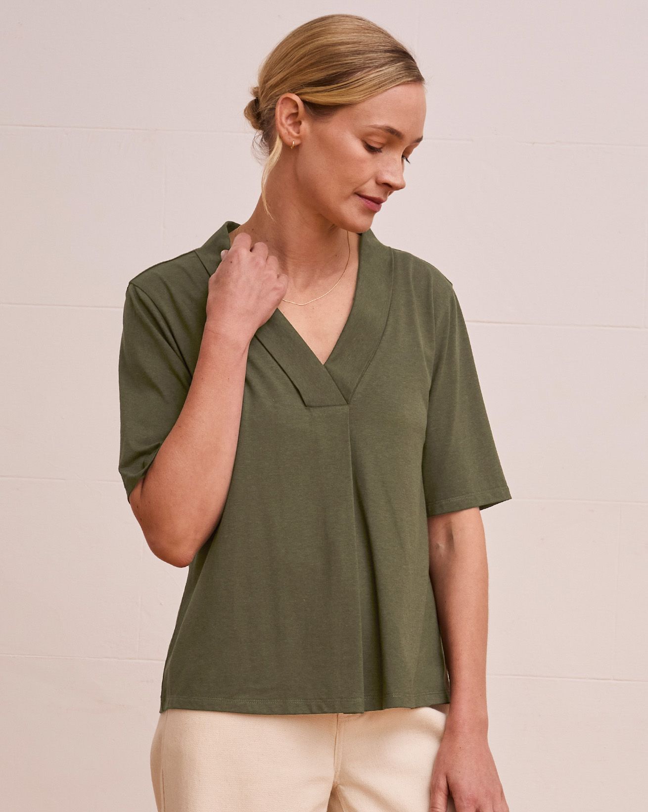 Organic Cotton Blend Shawl Neck Swing T Shirt