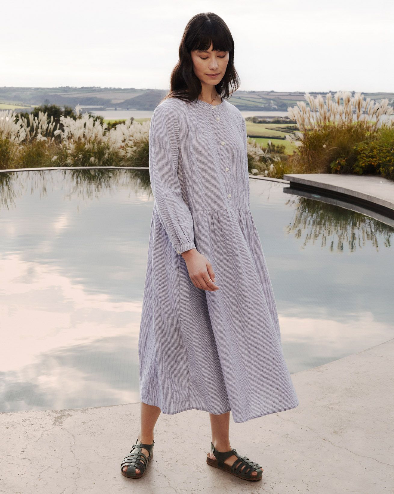 Collarless Half Placket Midi Dress