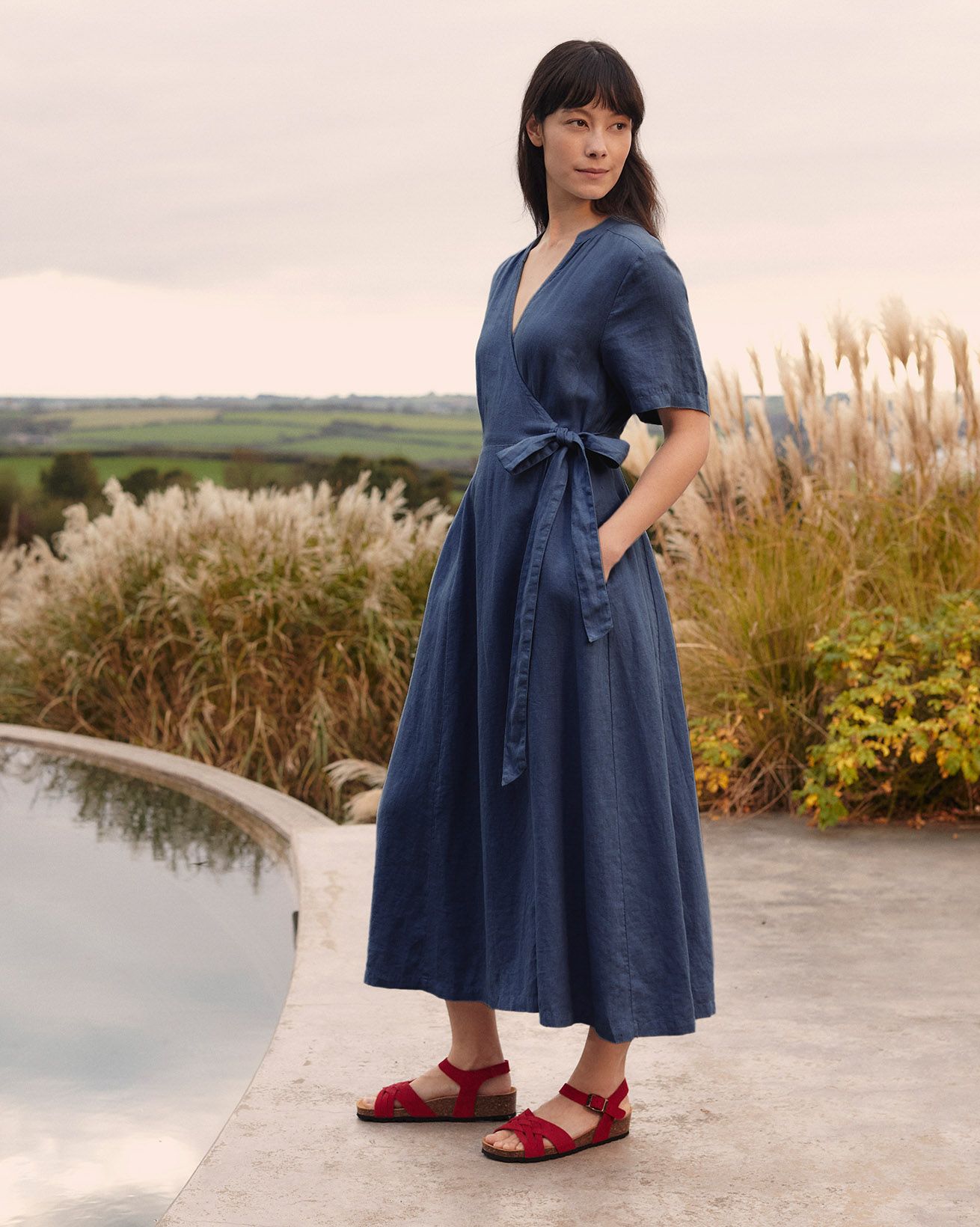 Linen Blend Wrap Midi Dress