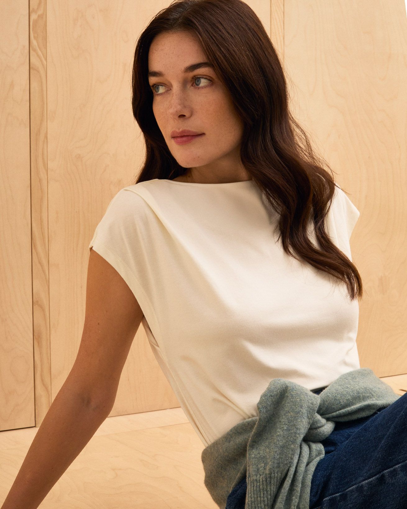 Cotton Blend Slash Neck T-Shirt