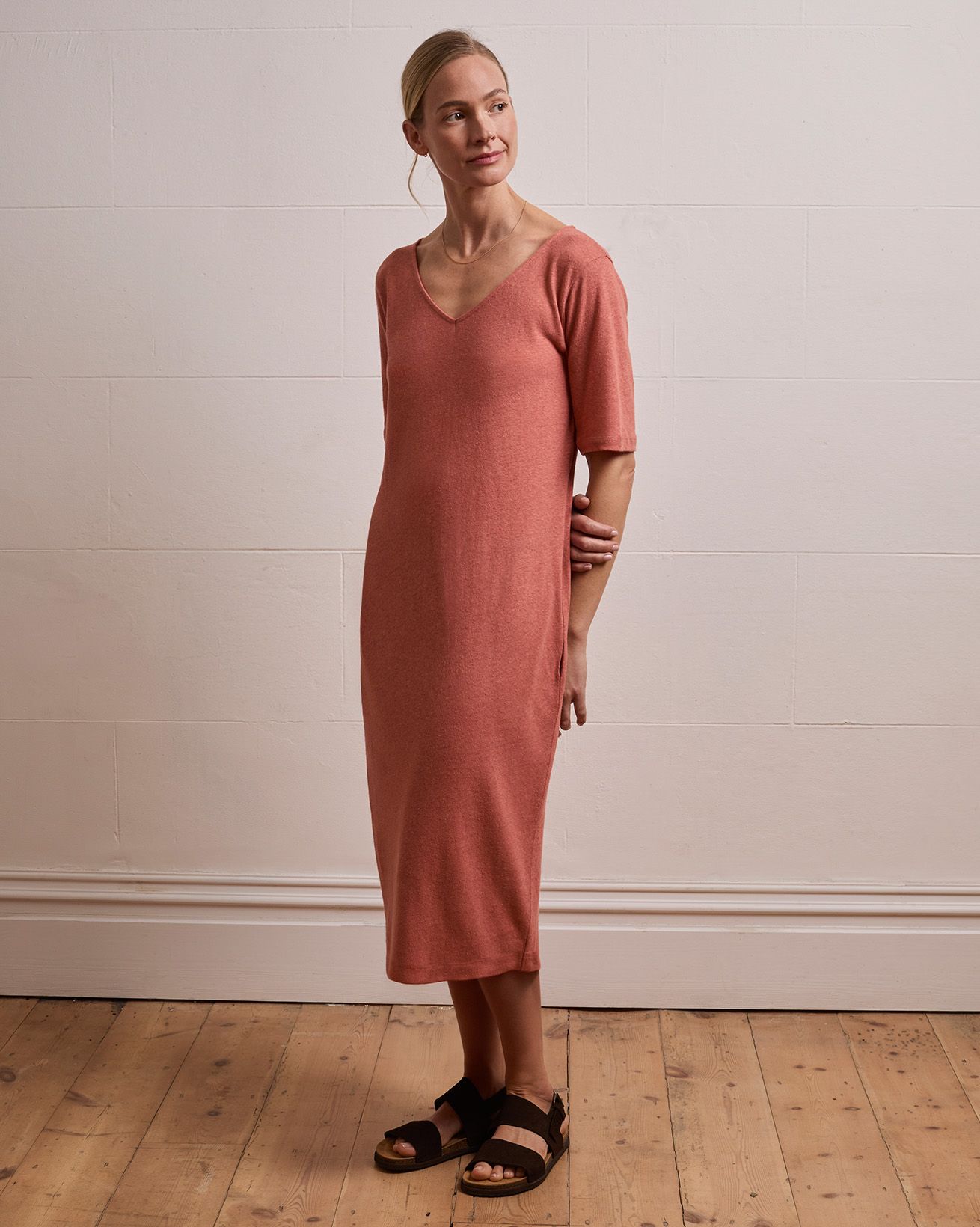 Linen Blend V Neck Midi Dress