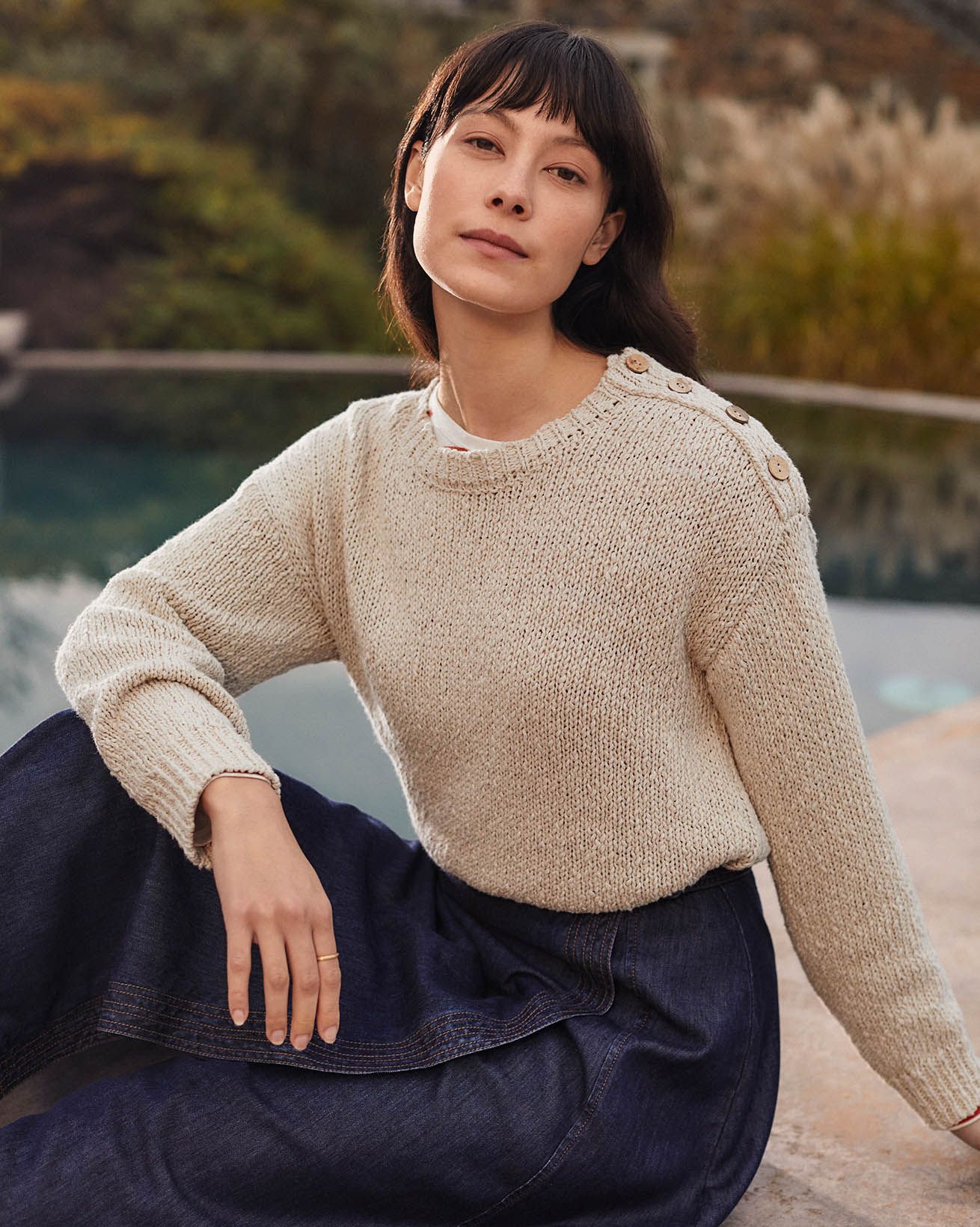 Linen Blend Slub Knit Button Detail Jumper