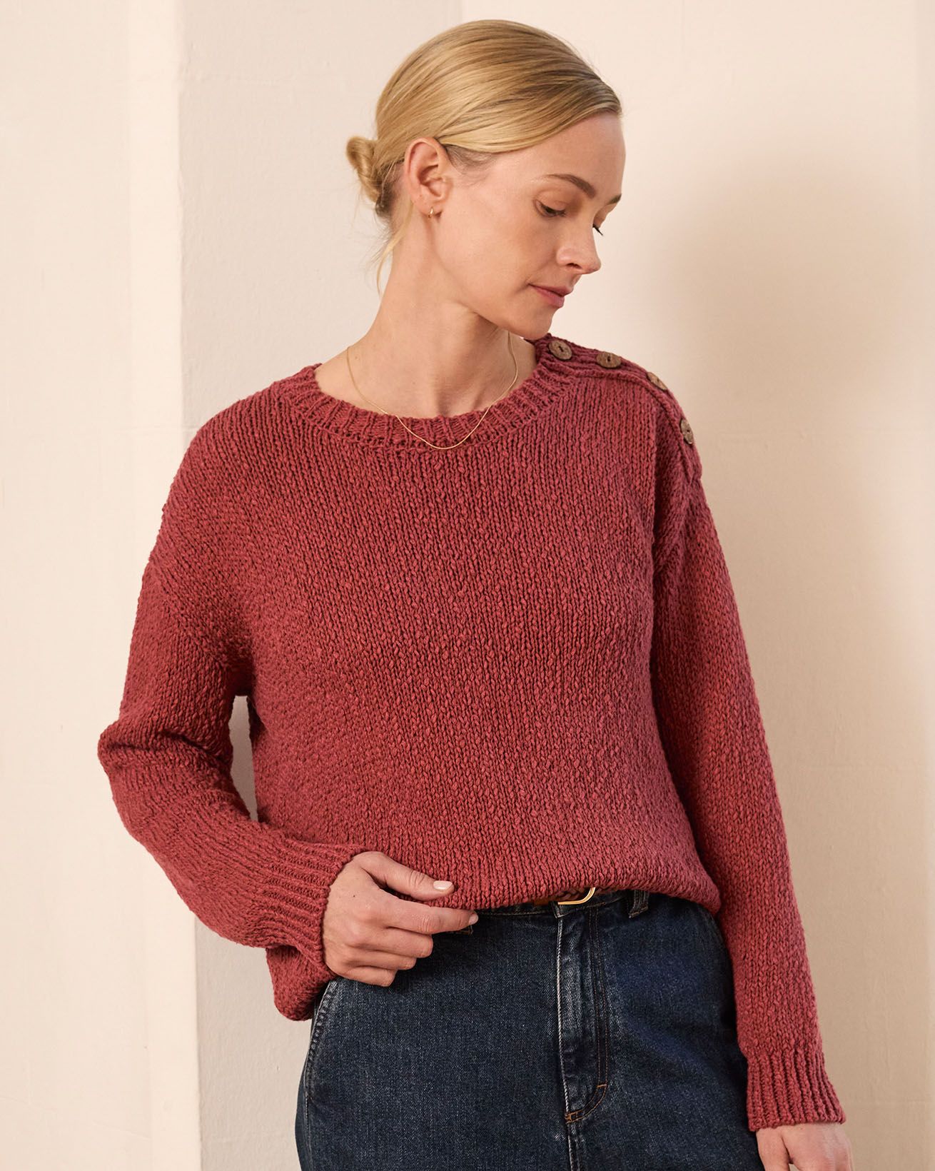 Linen Blend Slub Knit Button Detail Jumper