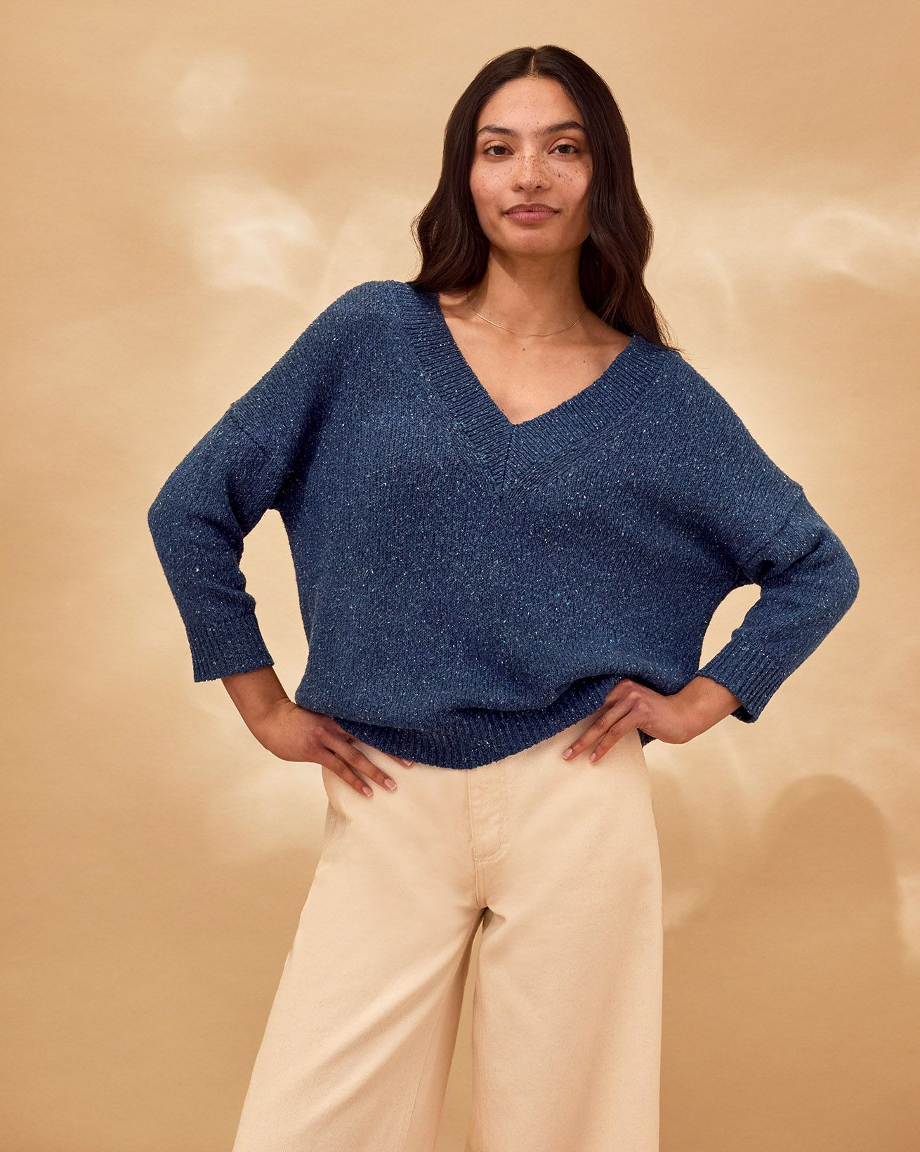 Flecked Cotton Silk Blend V Neck Jumper