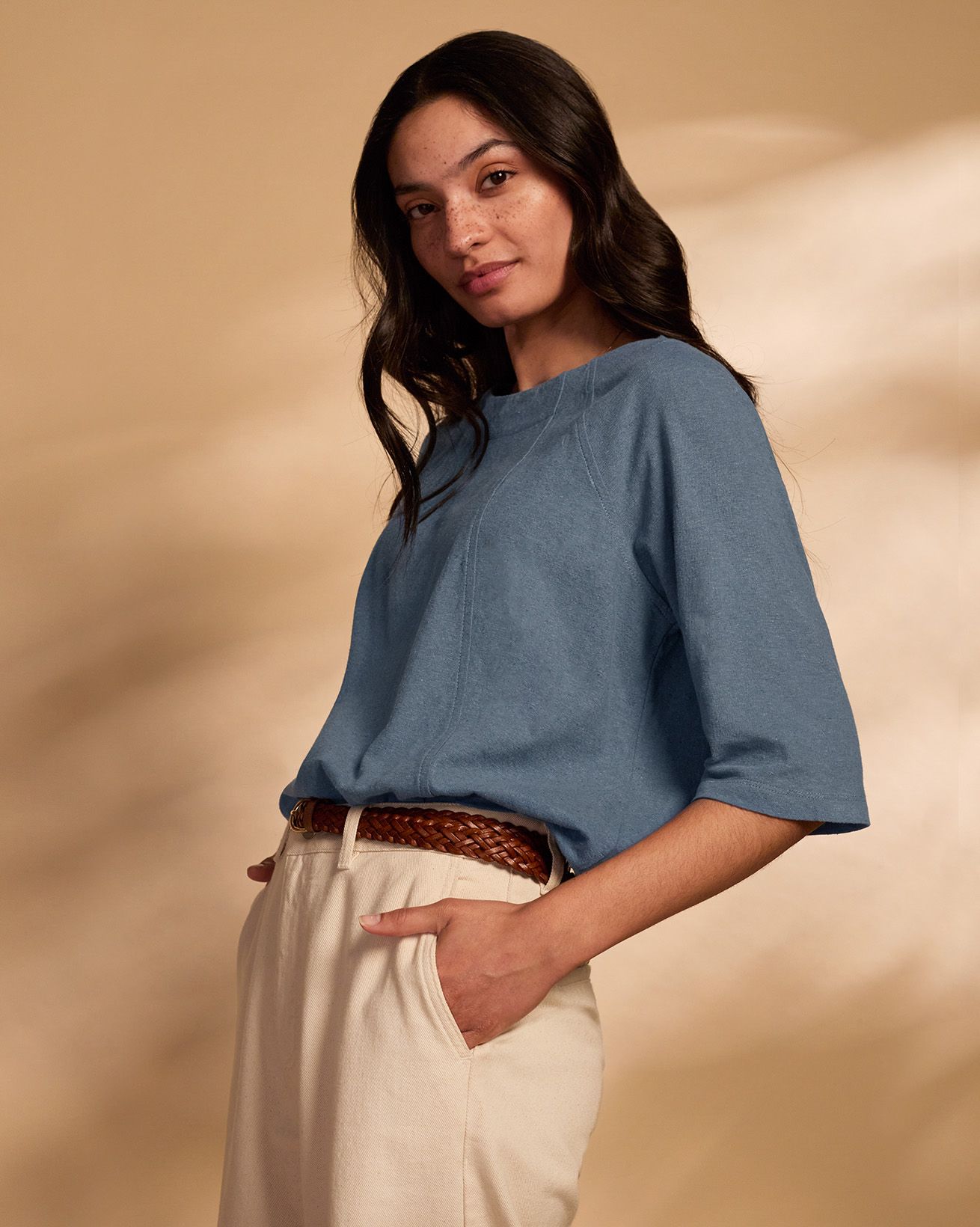 Linen Blend Half Sleeve Swing Top