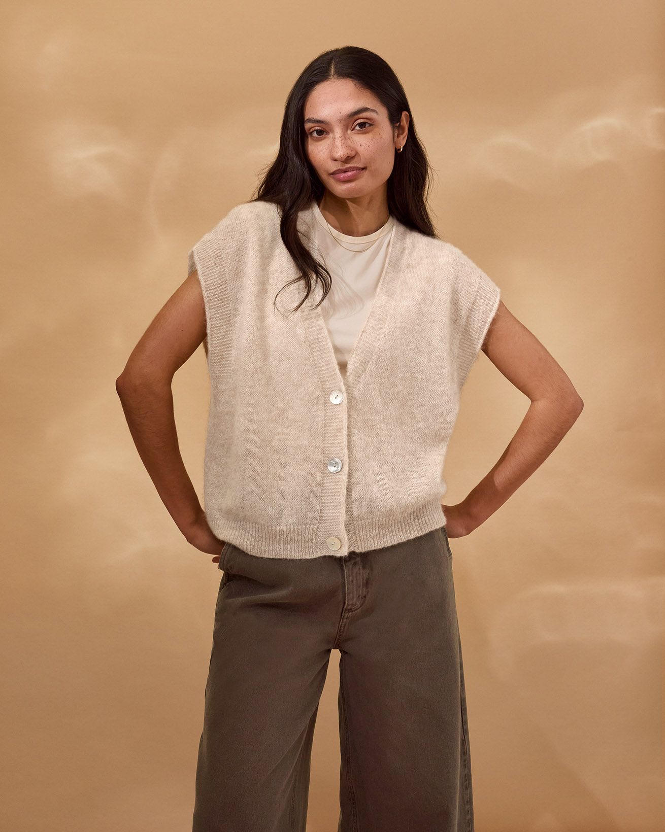 Alpaca Blend Button Through Grown On Sleeve Top