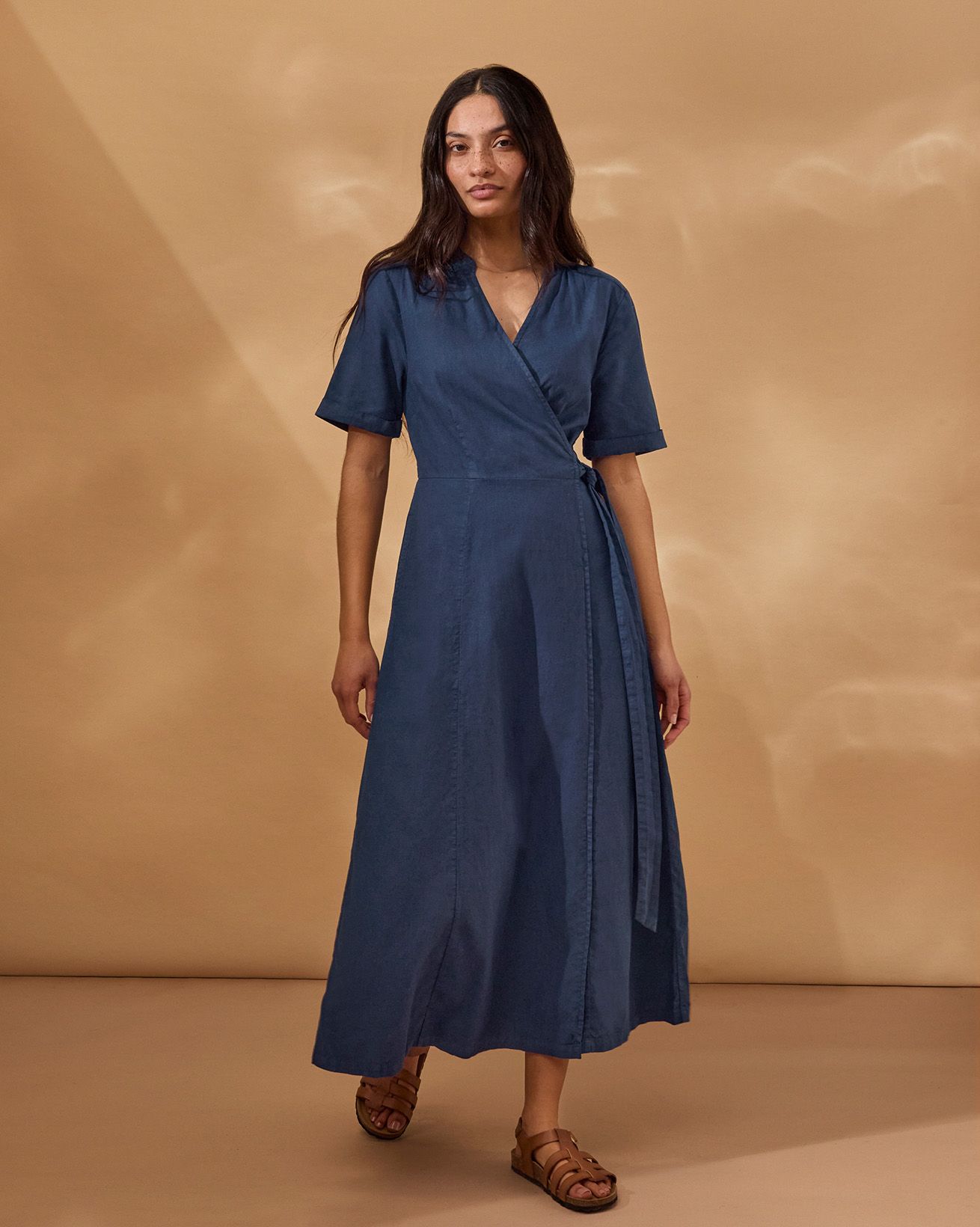 Linen Blend Wrap Midi Dress