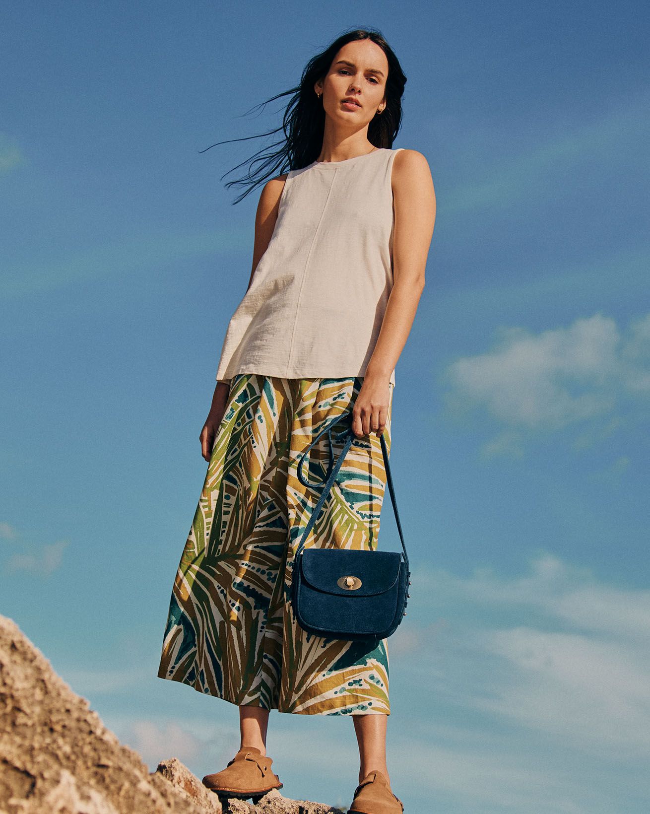 Linen Blend Palm Print Culottes