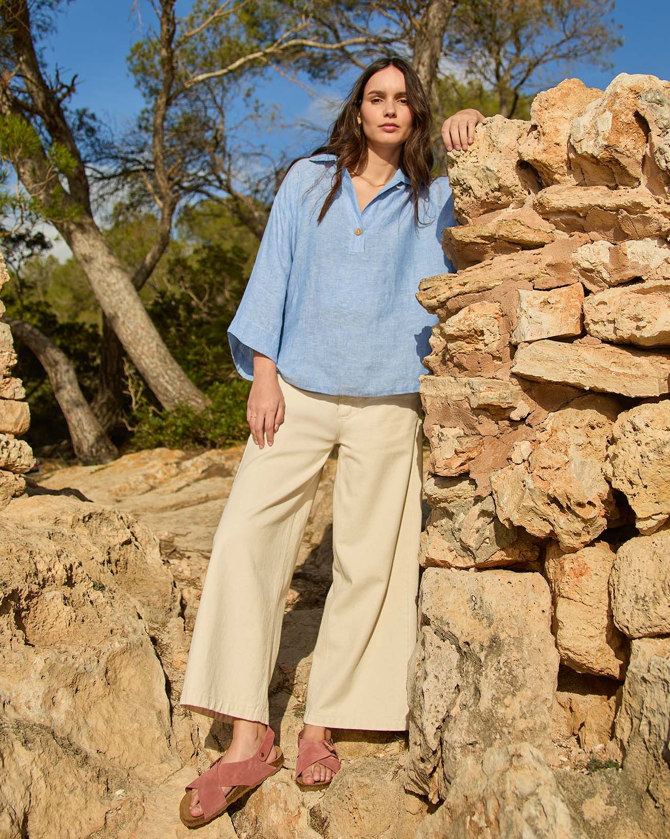 Pure Linen Collared Popover Top