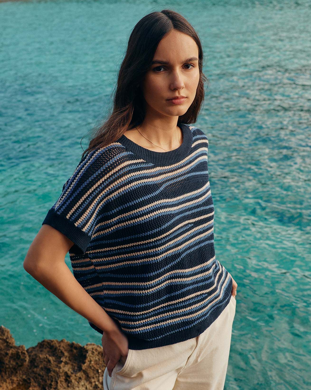 Linen Blend Landscape Stripe Top