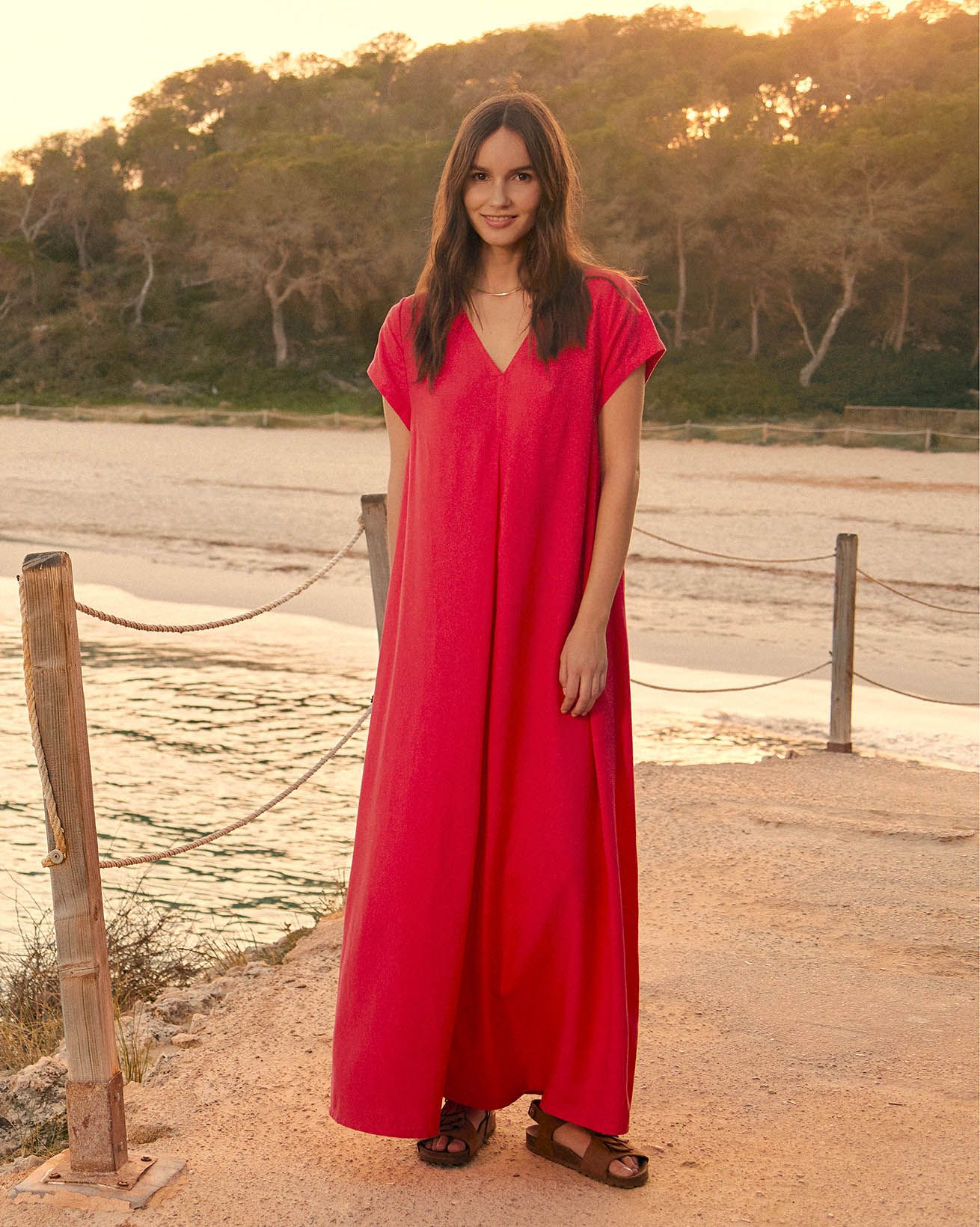 Linen Blend V Neck Maxi Swing Dress