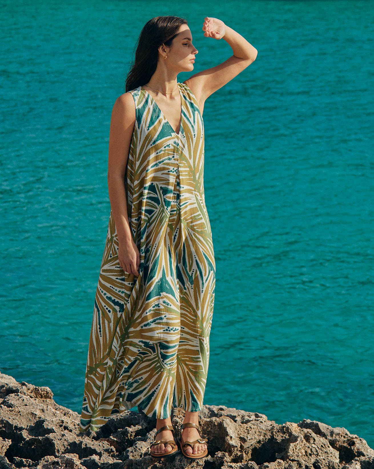 Linen Blend Sleeveless V Neck Maxi Swing Dress