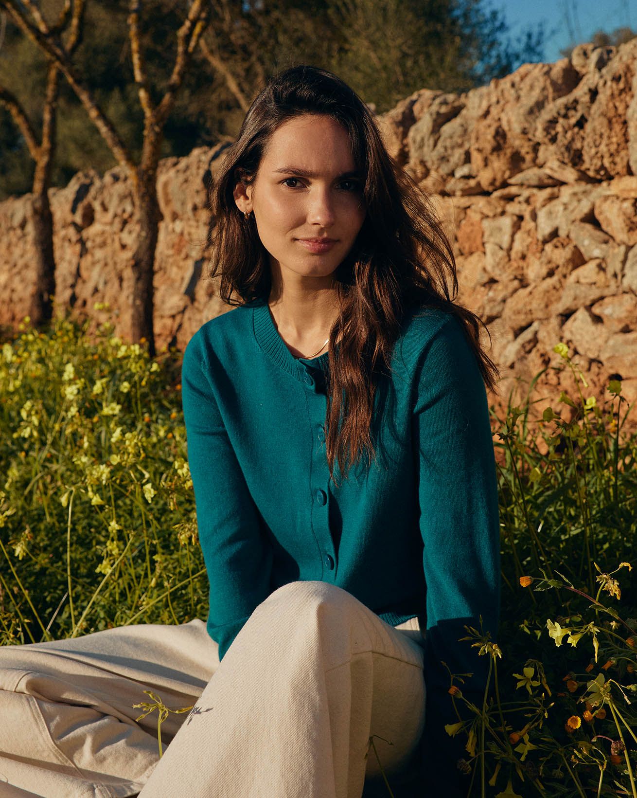 Merino Blend Fine Knit Crew Neck Cardigan