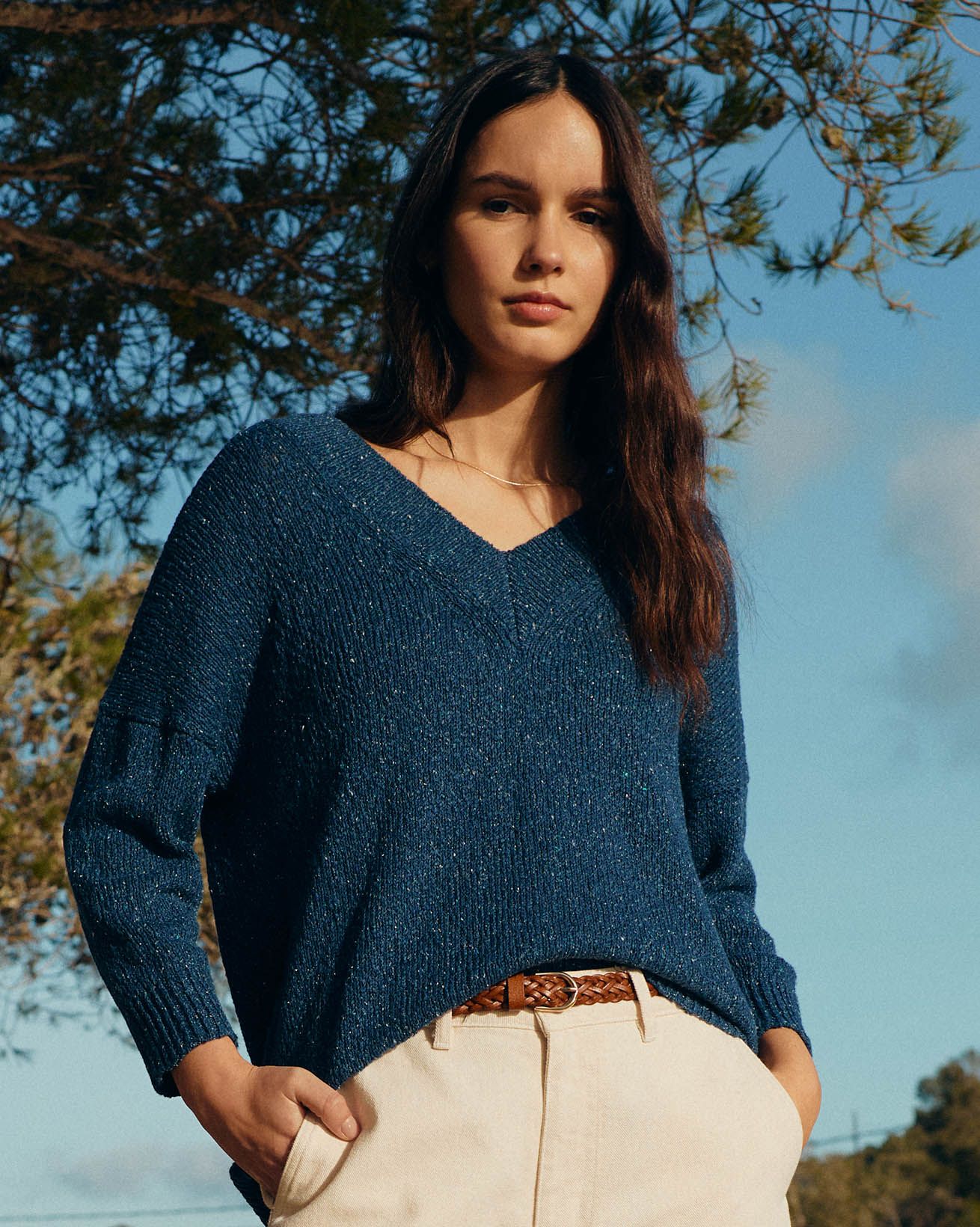 Flecked Cotton Silk Blend V Neck Jumper