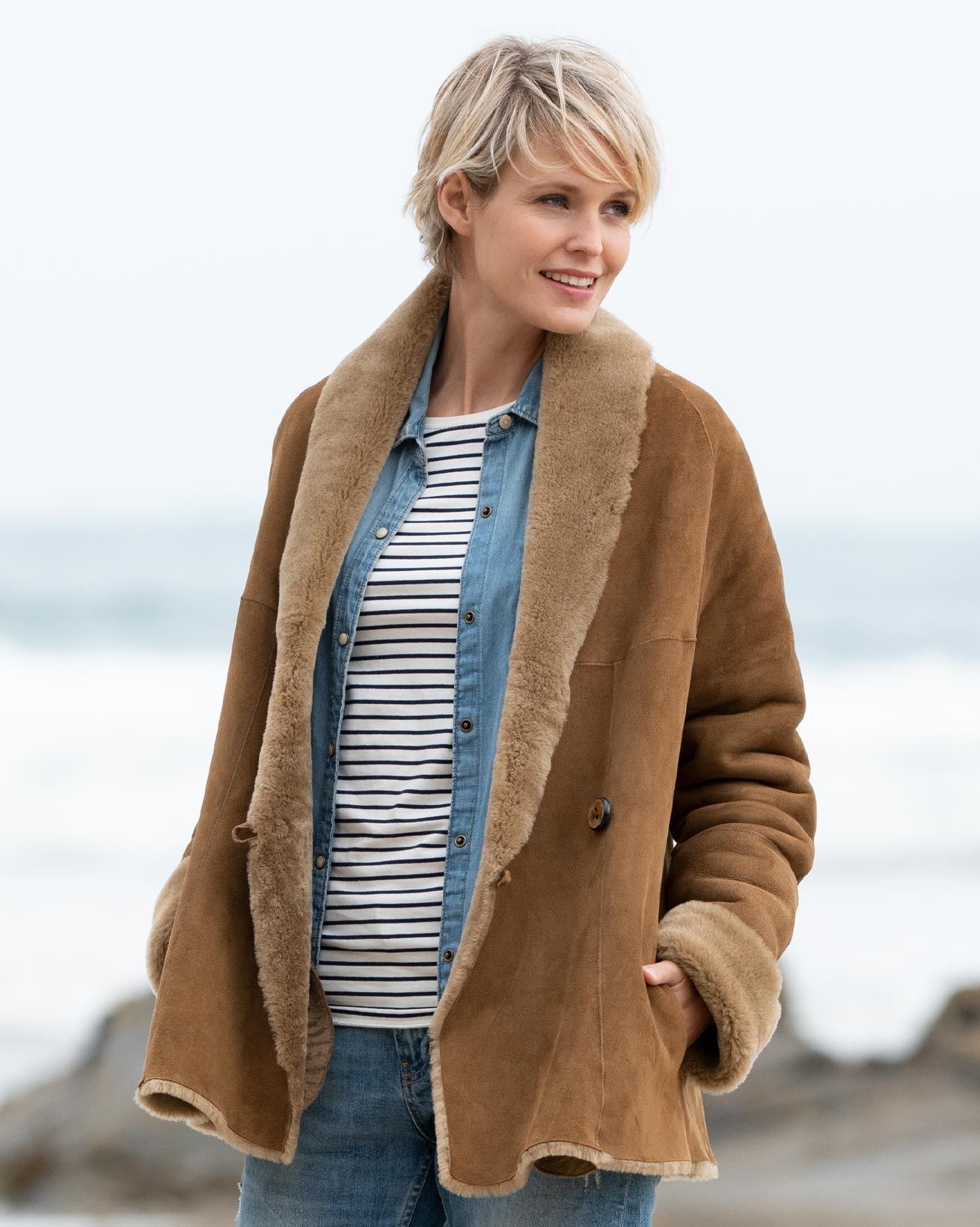 Shawl-Collar Shearling Coat