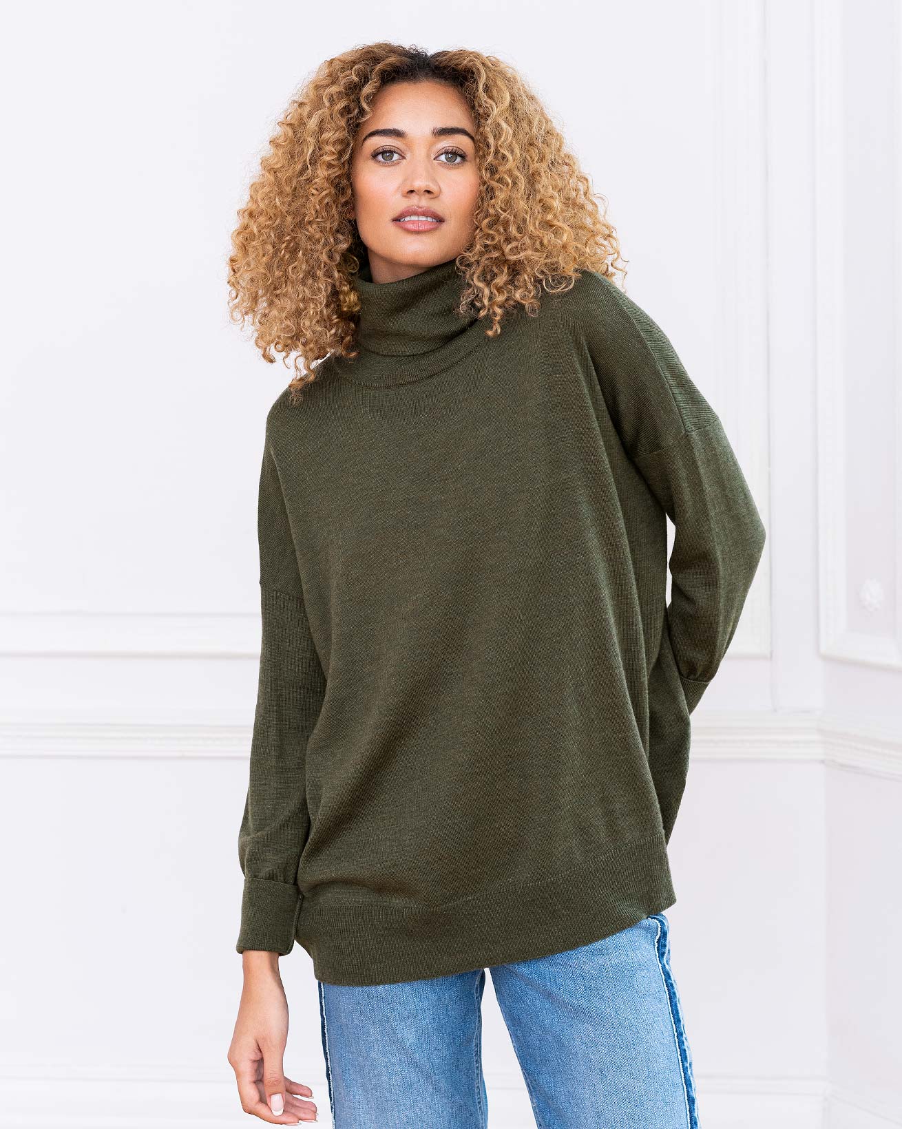 Slouchy Fine Knit Merino Roll Neck Jumper