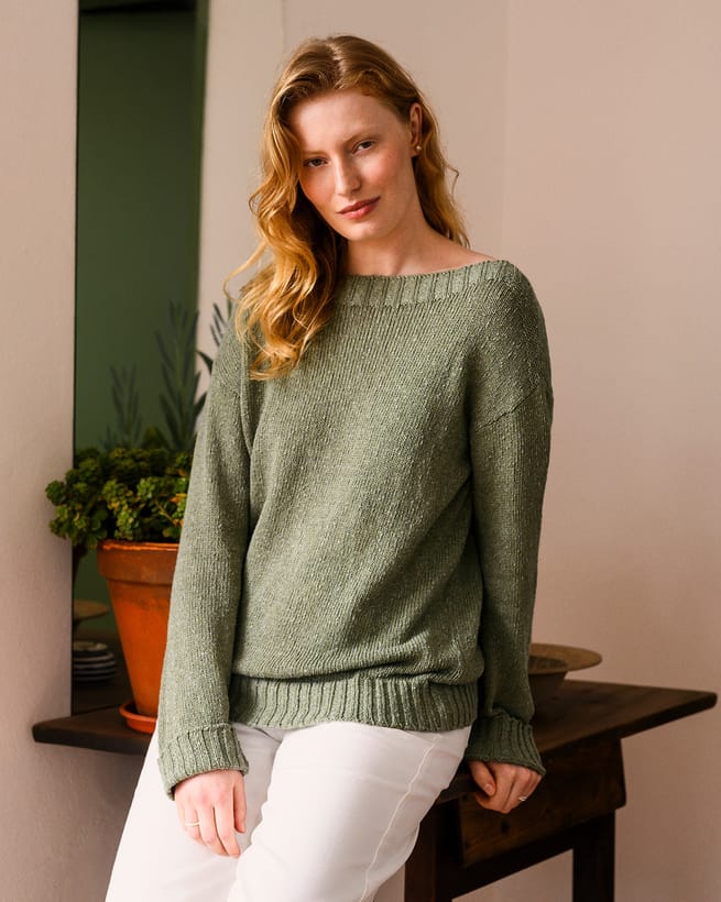 Linen Blend Slubby Fleck Boat Neck Sweater