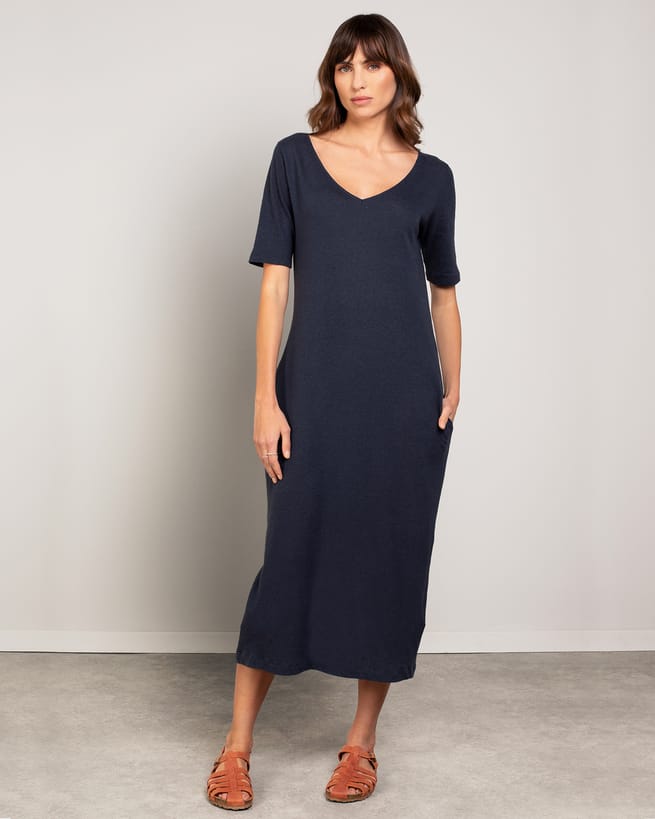 Celtic & Co. Women's Linen / Organic Cotton V Neck Midi Dress - Navy - Size 4