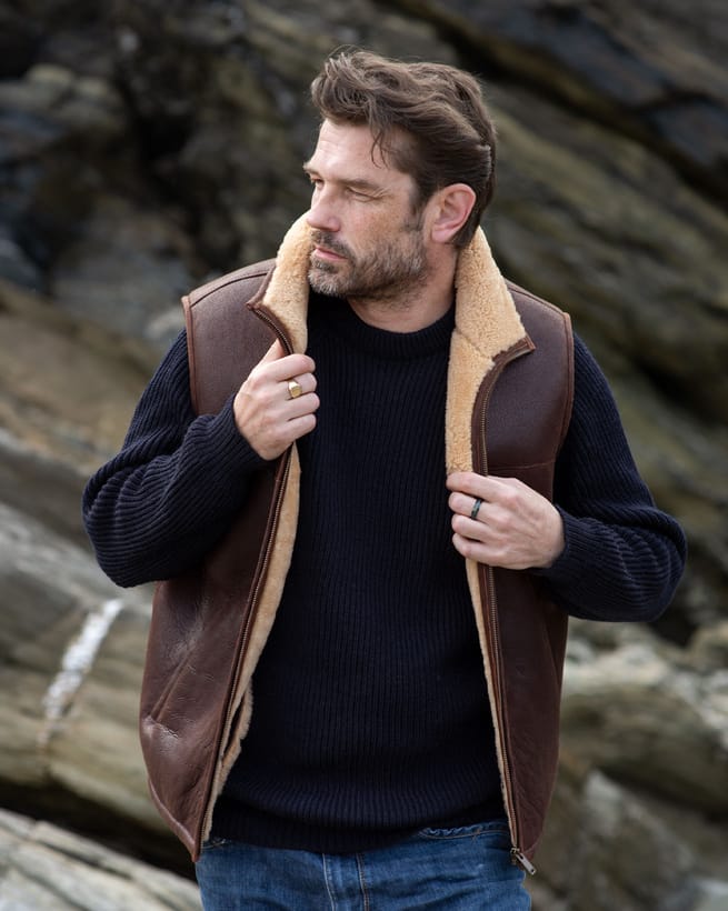 gilet sans manches en peau de mouton pour homme